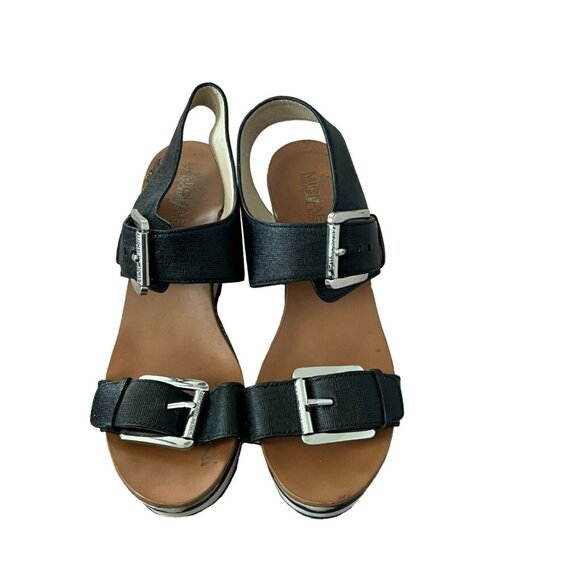 Michael Kors Warren Sandals Size 7 Black White Platform Heels Leather - Picture 2 of 9